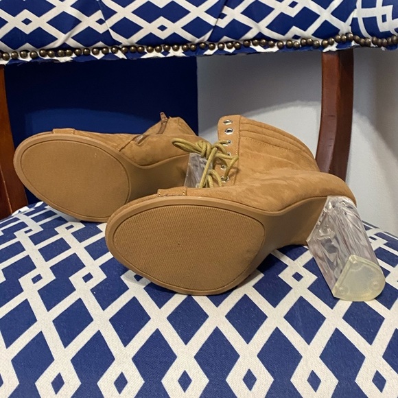 Light brown wheat lace up ankle high open toe clear heel booties size 9.5 - Picture 7 of 8